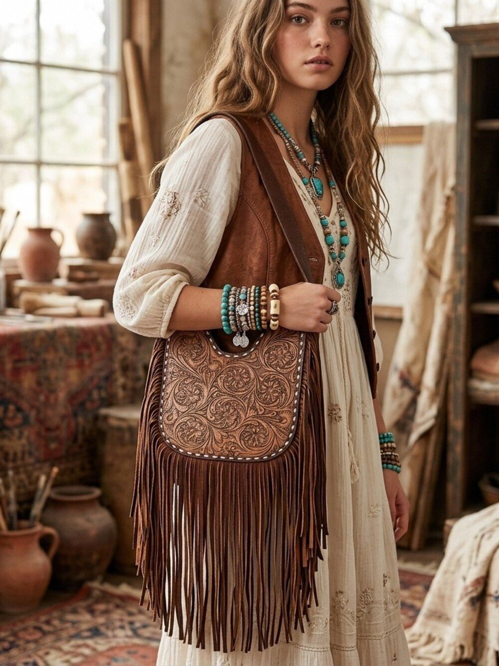 Western Fringe Tooled Shoulder Bag - Picture 1 of 6